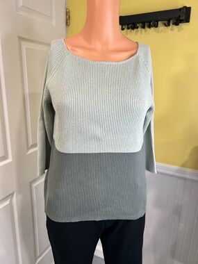 Casual Corner Two-Tone Ribbed Sweater Top in Light Sage and Olive